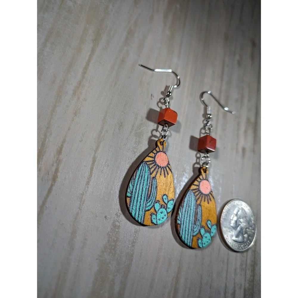 TrailerSpark Desert Cactus Wood Teardrop Earrings Stainless Steel Hooks Boho